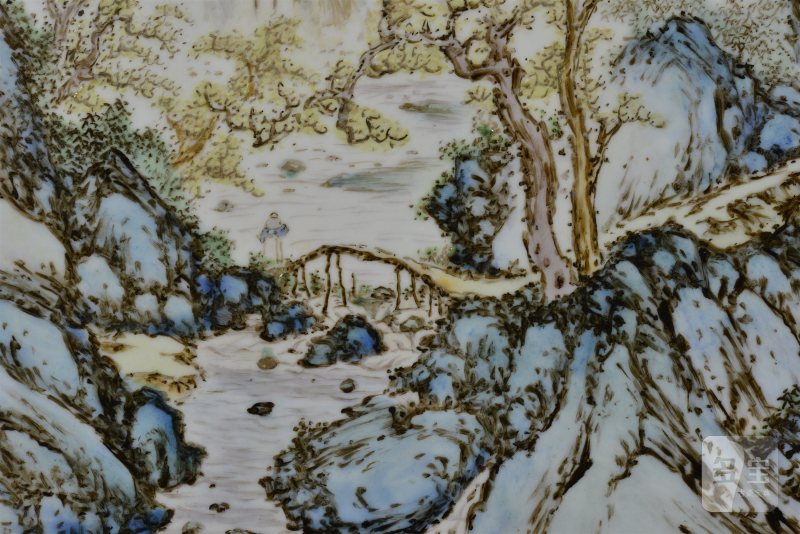 民国 汪野亭粉彩「深山探梅」插屏 - 图4